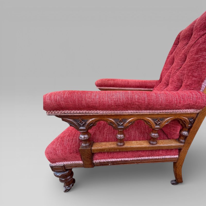 Antique Victorian Pair Of Ladies And Gentlemen’s Red Gothic Revival Oak Chairs - Image 9